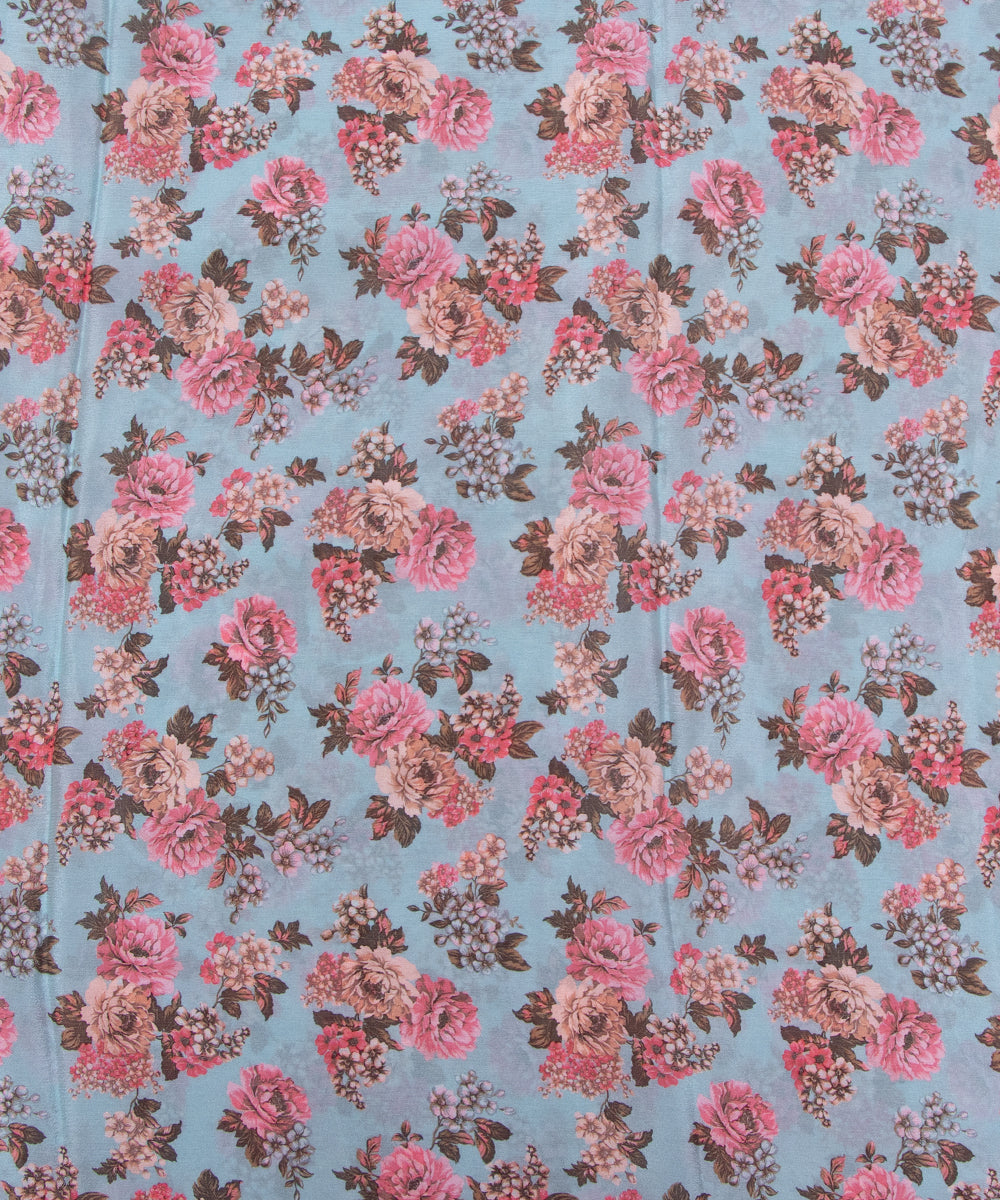 Light Blue Colour Digital Floral Print Viscose Chinon Silk Fabric