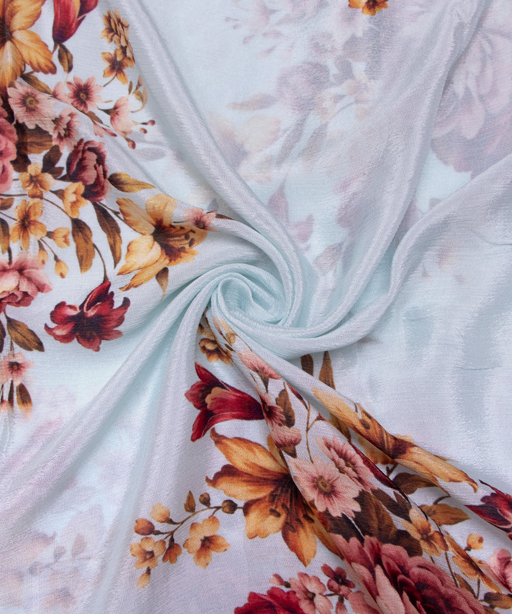 Sea Blue Colour Digital Floral Print Viscose Chinon Silk Fabric