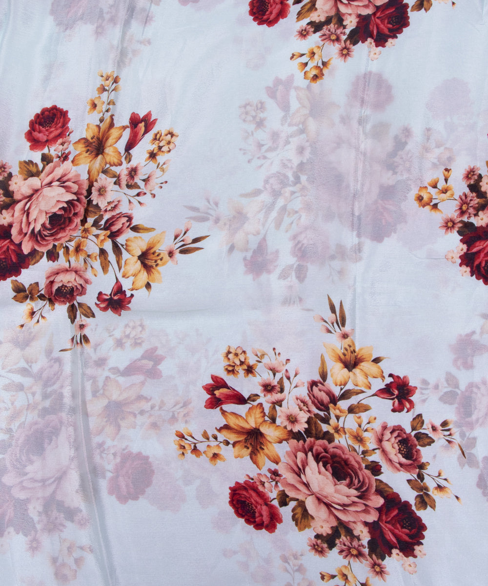 Sea Blue Colour Digital Floral Print Viscose Chinon Silk Fabric