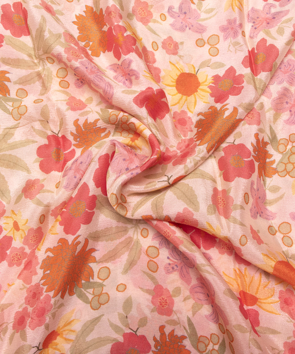 Cream Colour Digital Floral Print Viscose Chinon Silk Fabric