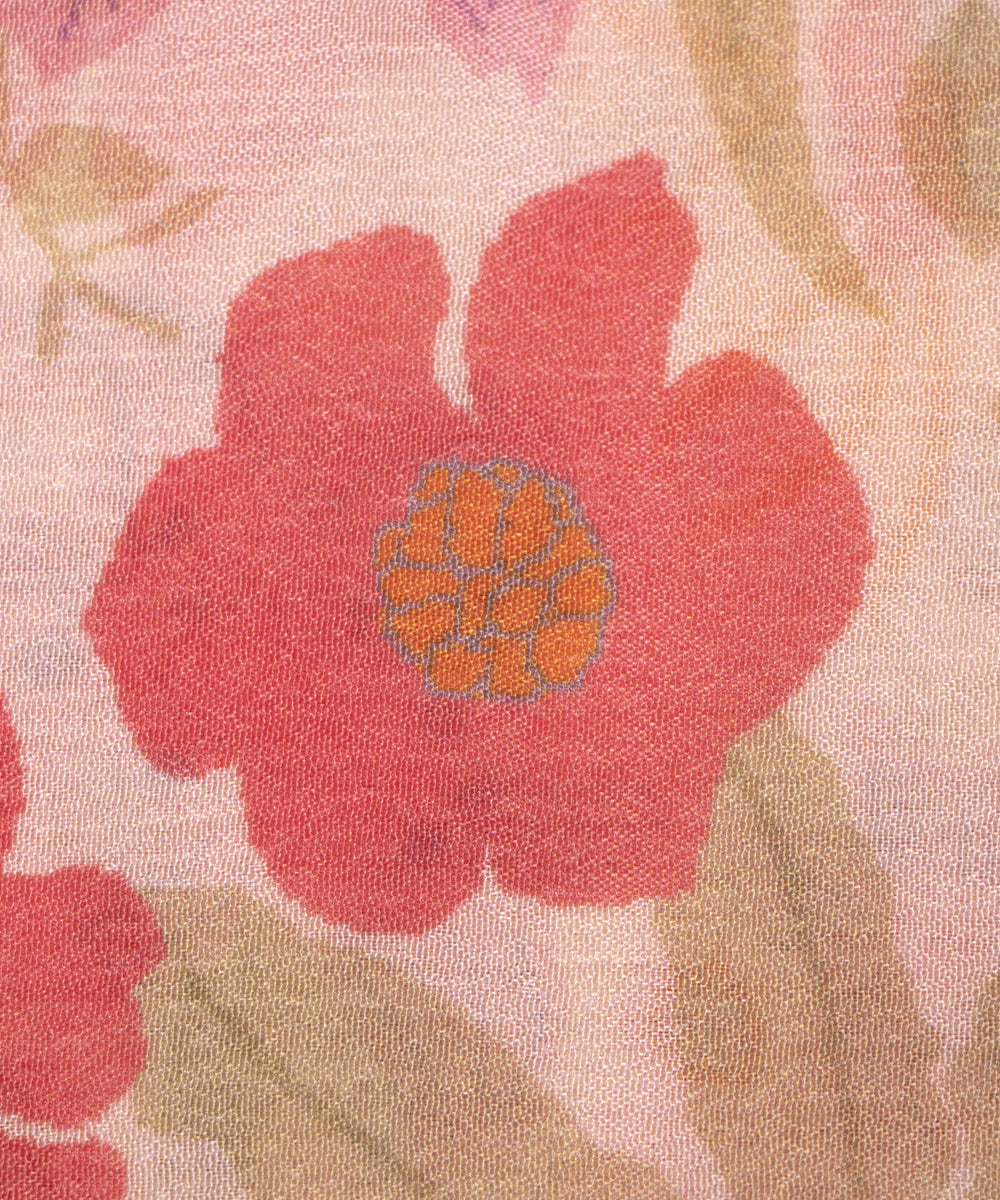 Cream Colour Digital Floral Print Viscose Chinon Silk Fabric