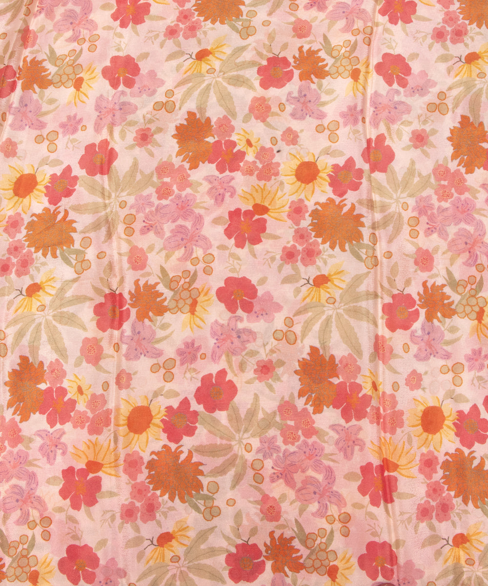 Cream Colour Digital Floral Print Viscose Chinon Silk Fabric