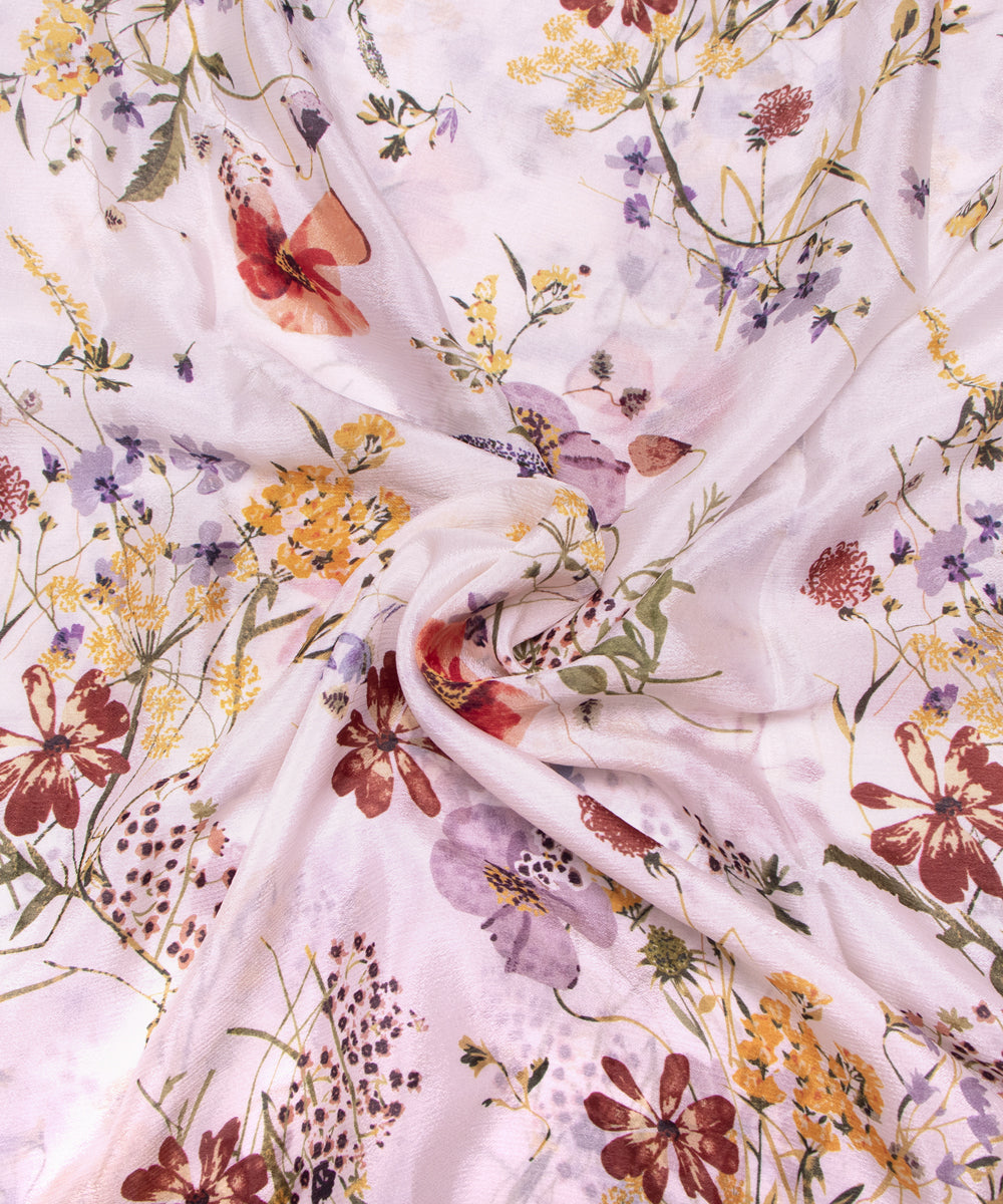 White Colour Digital Floral Print Viscose Chinon Silk Fabric