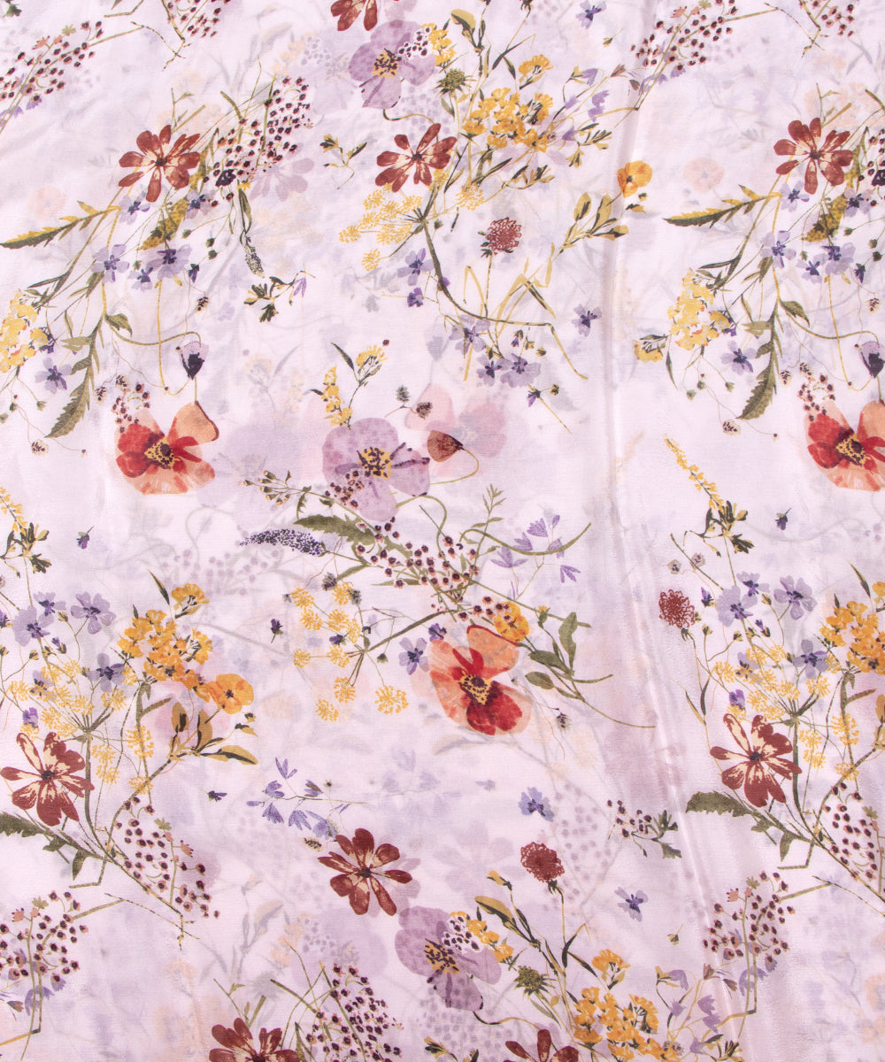 White Colour Digital Floral Print Viscose Chinon Silk Fabric
