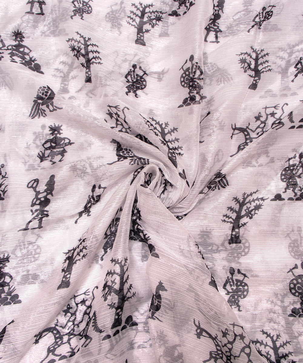 White Colour Warli Print Pure Chiffon Lurex Fabric