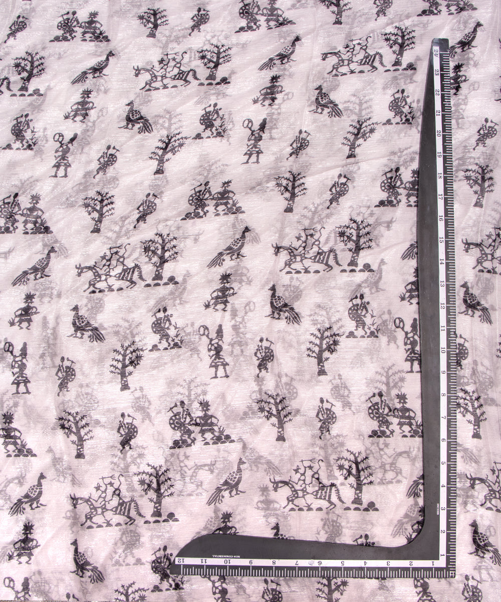 White Colour Warli Print Pure Chiffon Lurex Fabric