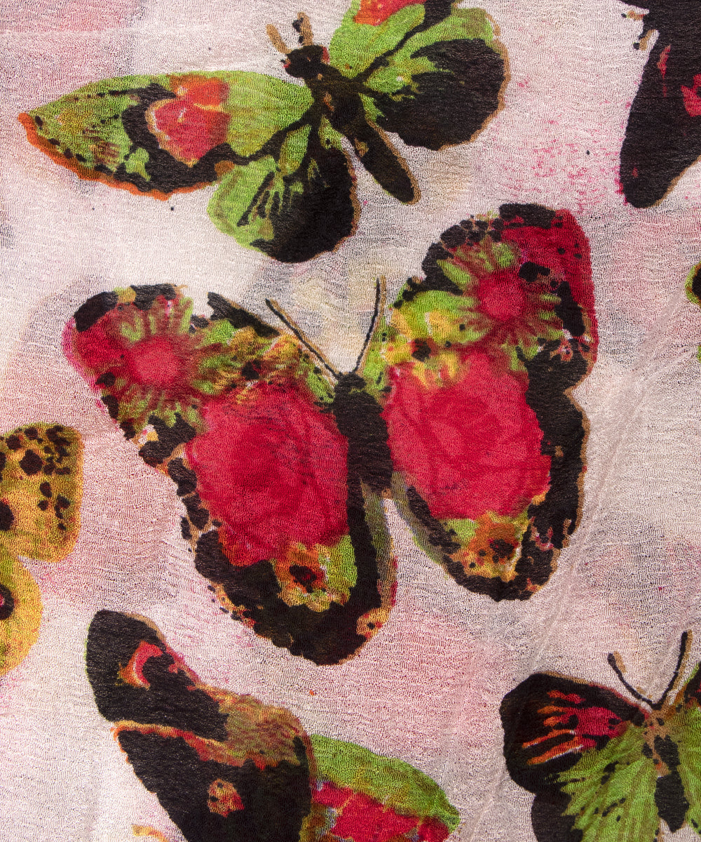 White Colour Butterfly Print Pure Chiffon Fabric