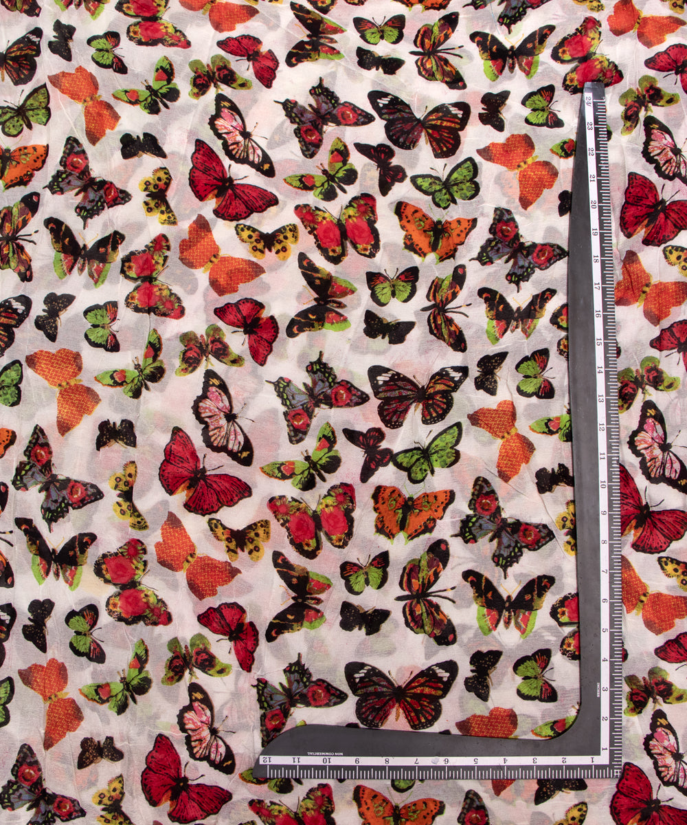 White Colour Butterfly Print Pure Chiffon Fabric