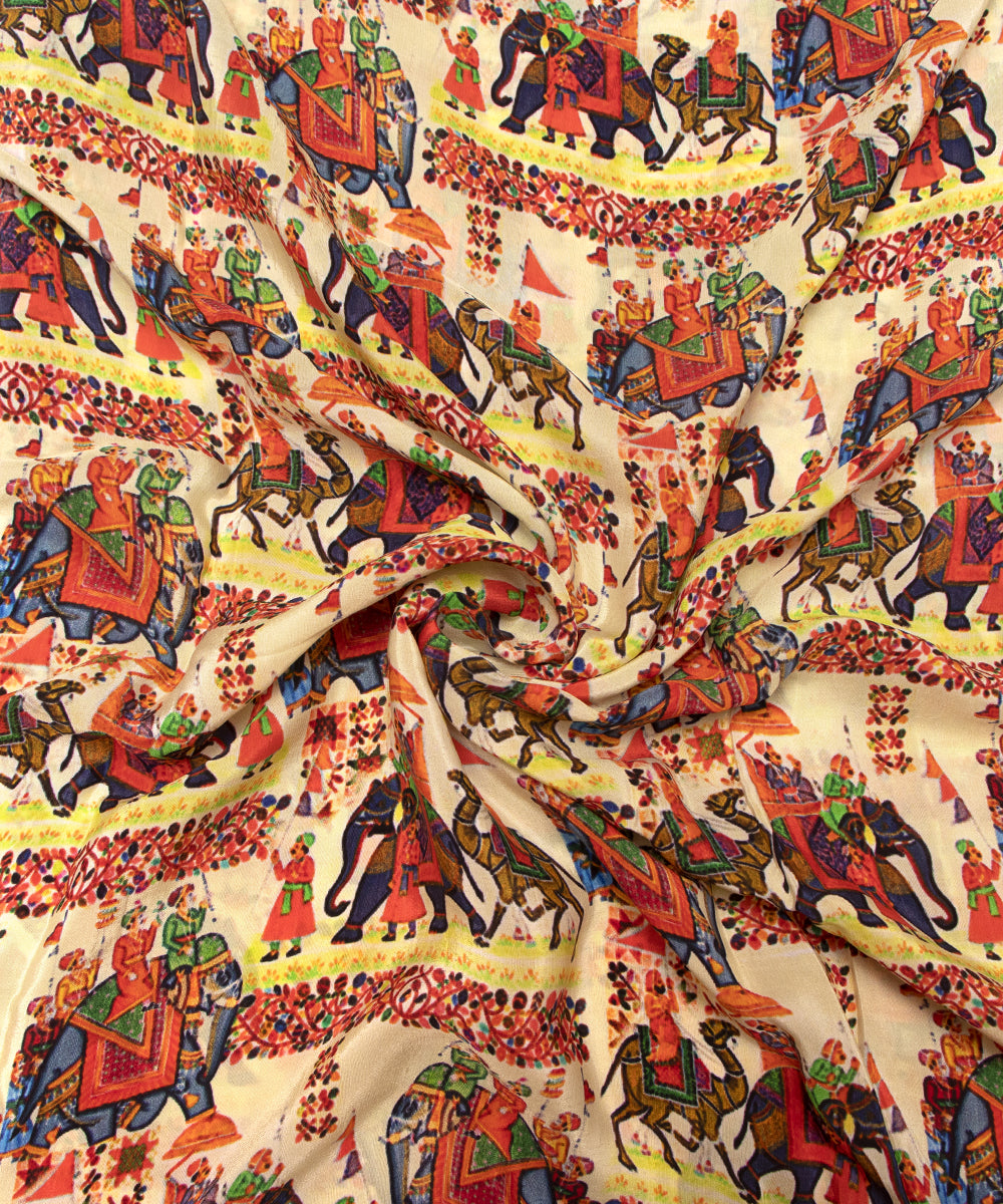 Off White Colour Mughal Print Pure Natural Crepe Fabric