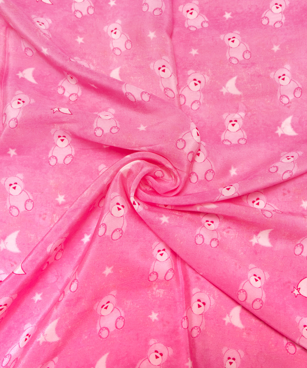 Pink Colour Kids Print Pure Natural Crepe Fabric