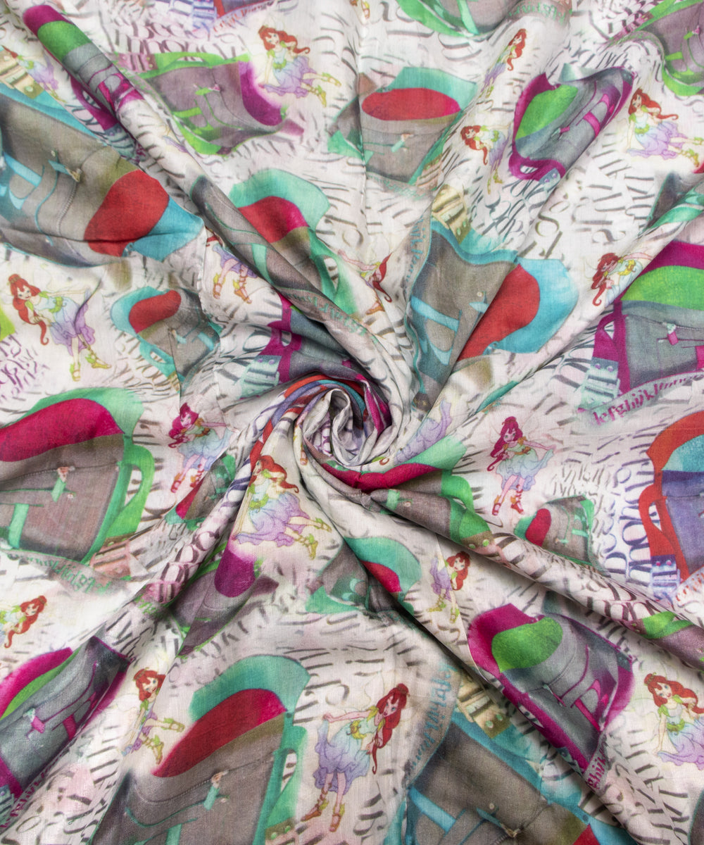 Light Grey Colour Kids Print Digital Printed Pure Muslin Fabric