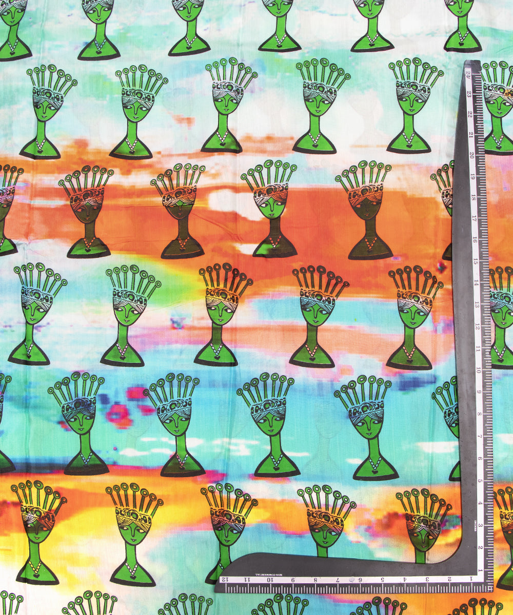 Sea Green Colour Object Digital Printed Pure Muslin Fabric