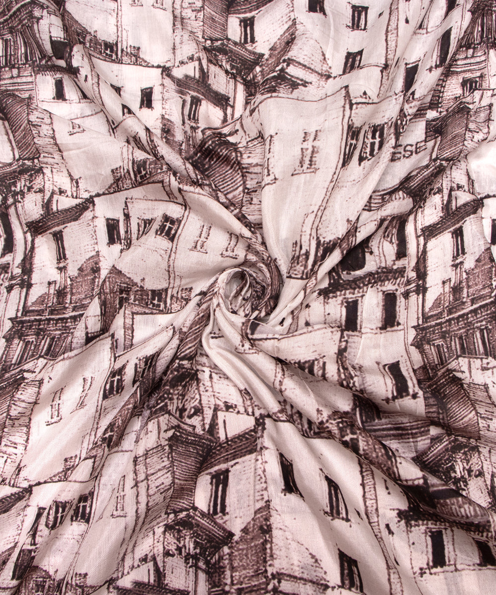 White Colour Abstarct Digital Printed Pure Muslin Fabric