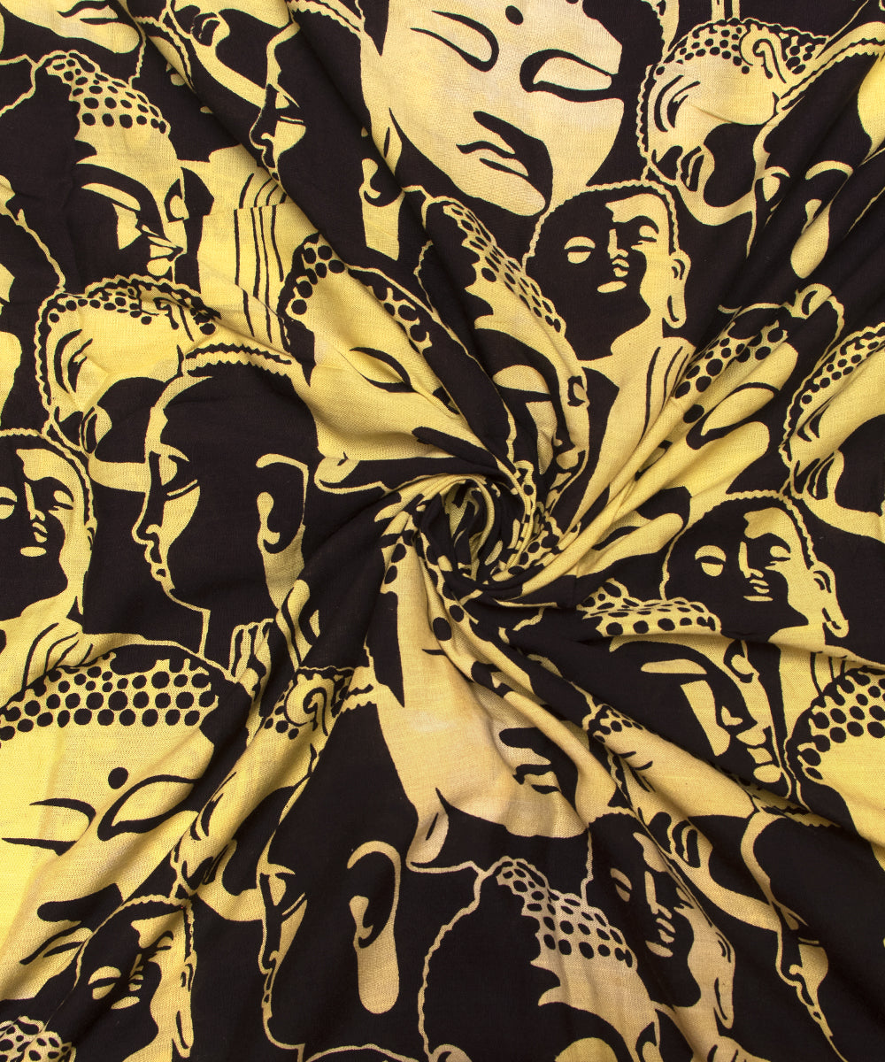 Black Colour Buddha Digital Printed Pure Muslin Fabric