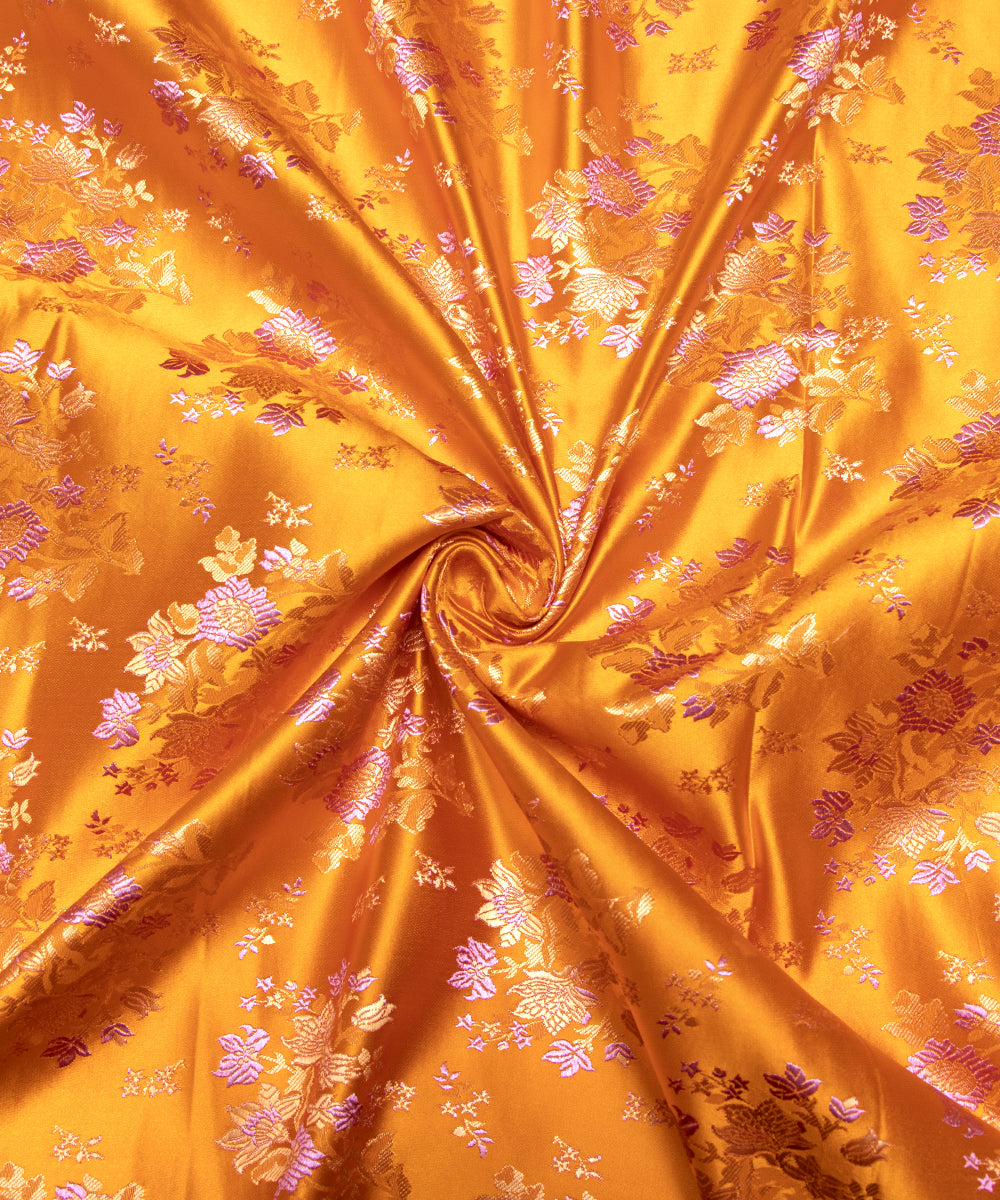 Orange Colour Floral Design Heavy Satin Brocade Silk Fabric
