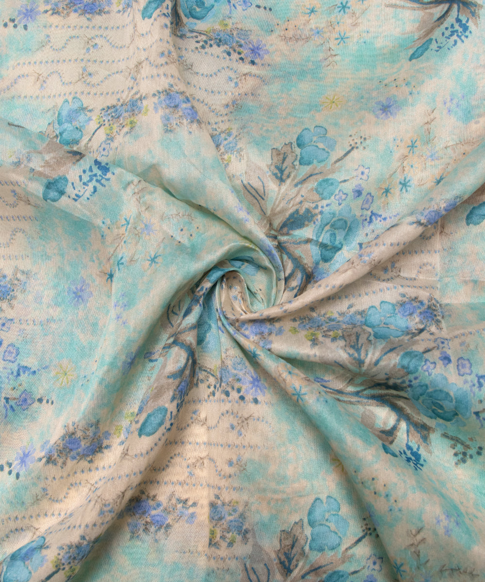 Sea Green Colour Floral Print Modal Chanderi Fabric