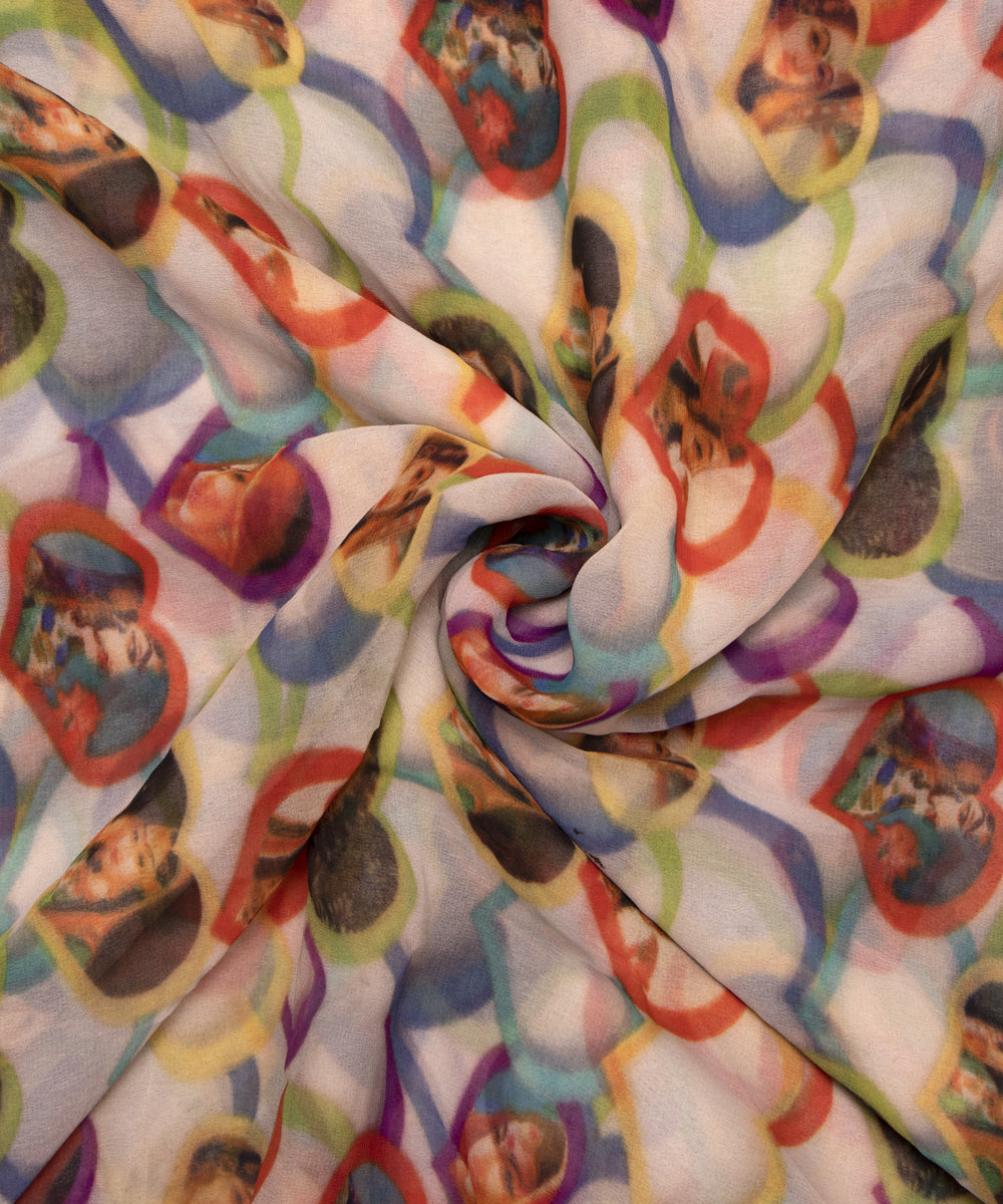Multi Colour Object Print Georgette Fabric