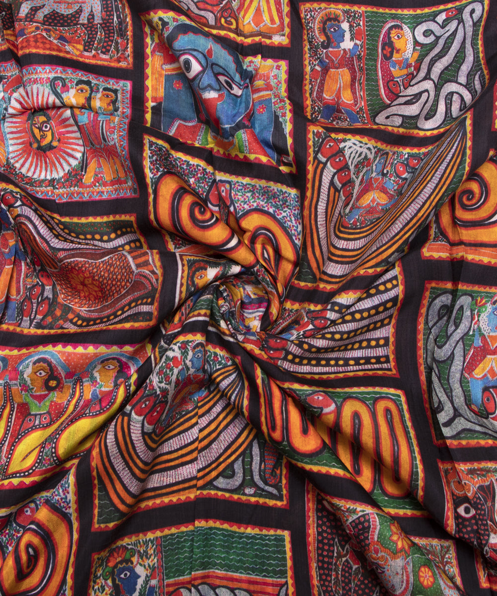 Black Colour Abstract Digital Printed Pure Muslin Fabric