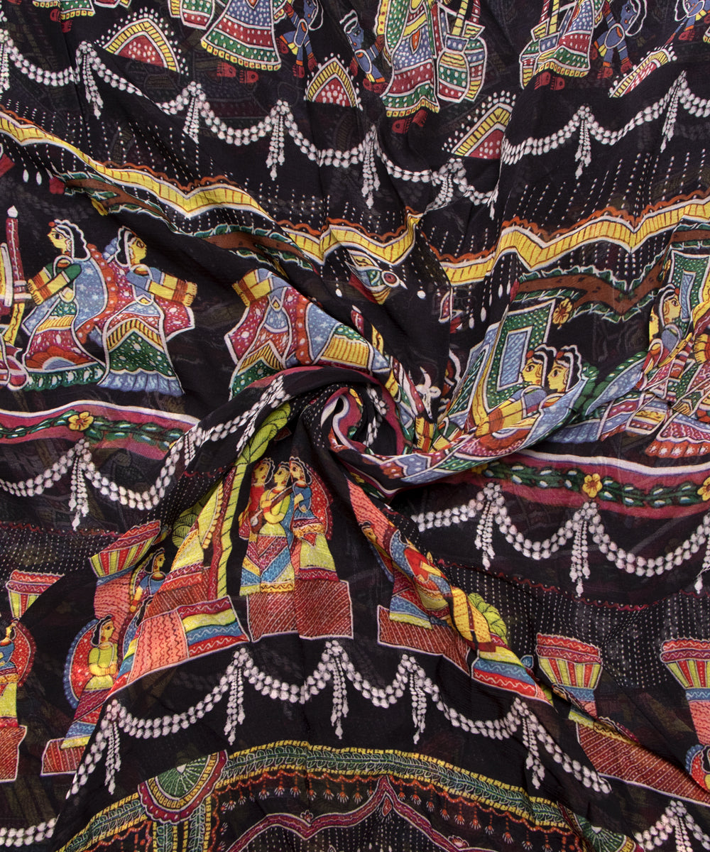 Black Colour Traditional Print Chiffon Fabric