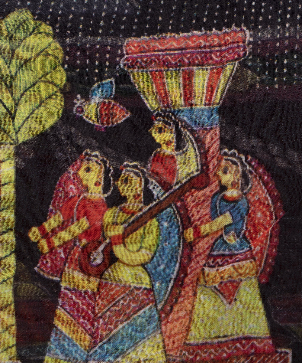 Black Colour Traditional Print Chiffon Fabric