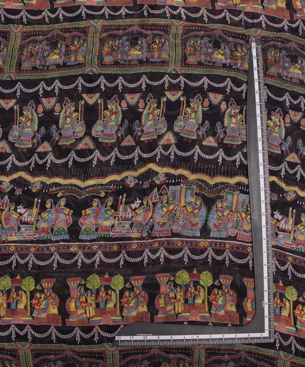 Black Colour Traditional Print Chiffon Fabric