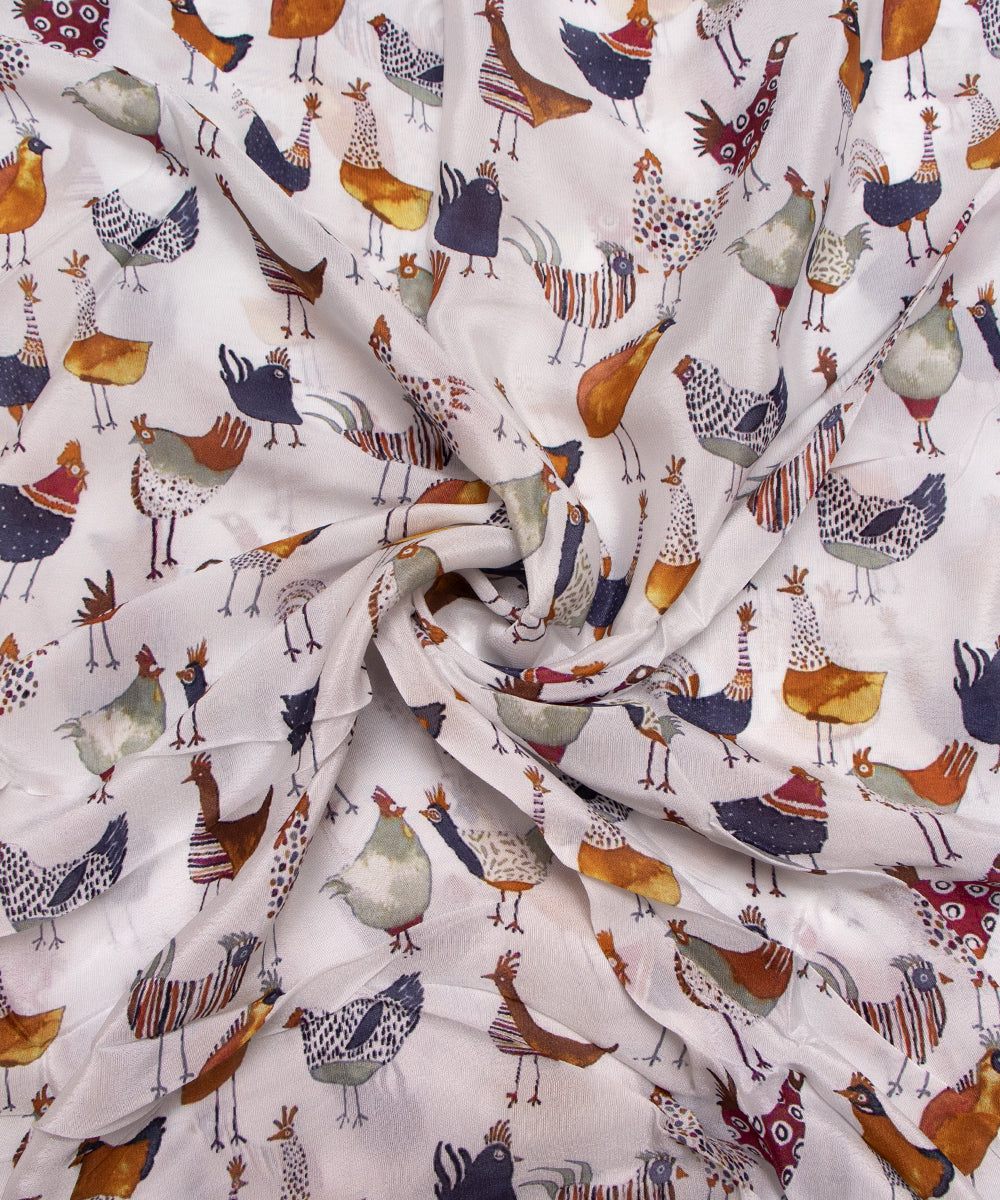 White Colour Animal Print Pure Natural Crepe Fabric