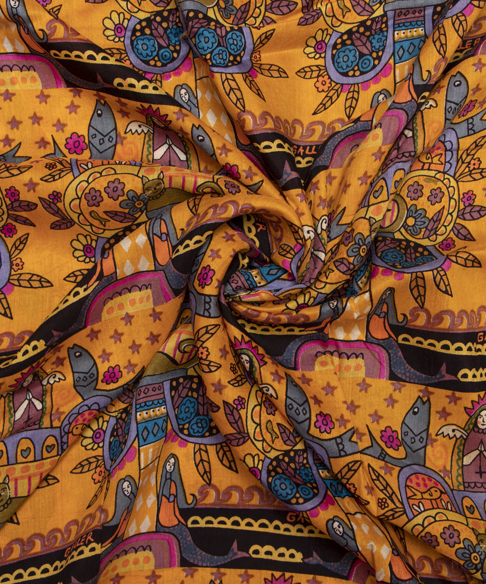Mango Yellow Colour Quirky Digital Printed Pure Muslin Fabric