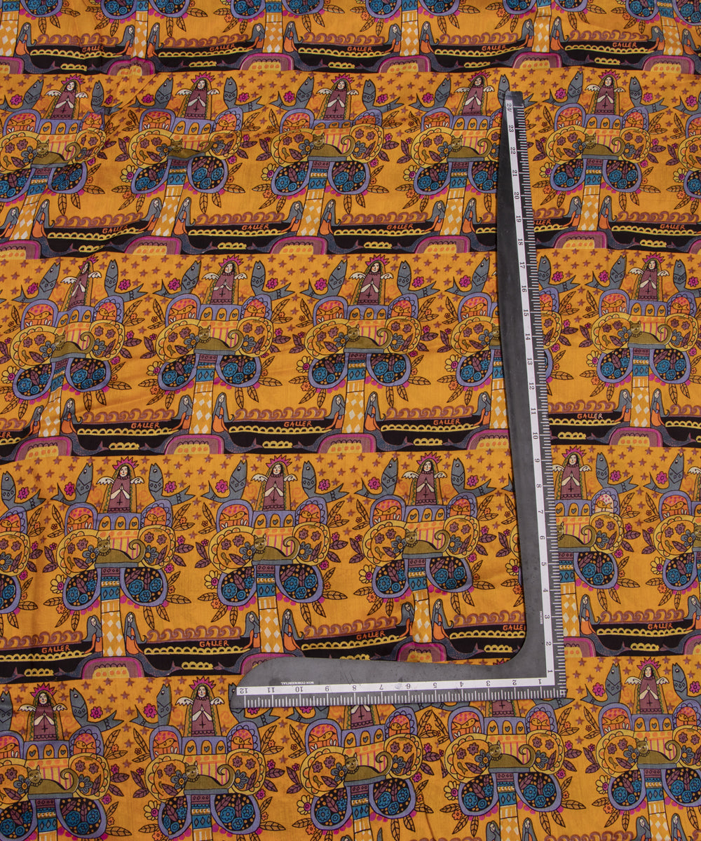 Mango Yellow Colour Quirky Digital Printed Pure Muslin Fabric