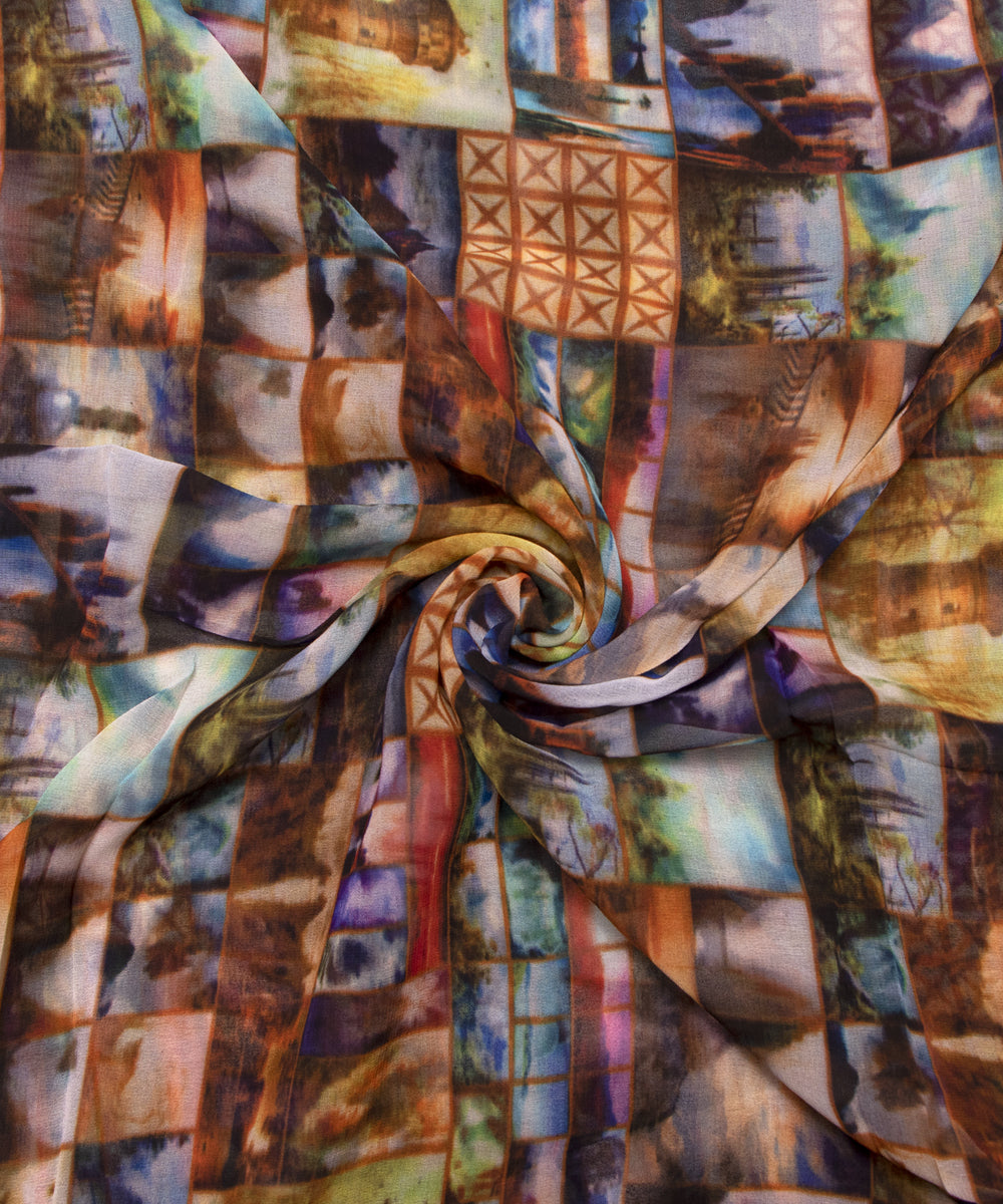 Multi Colour Abstract Print Georgette Fabric