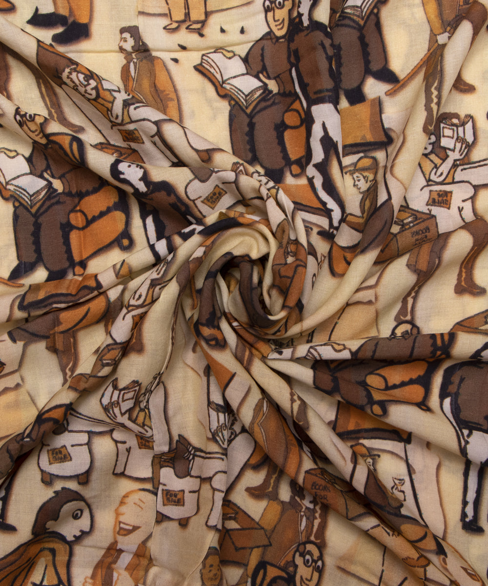 Off White Colour Figure Digital Printed Pure Muslin Fabric
