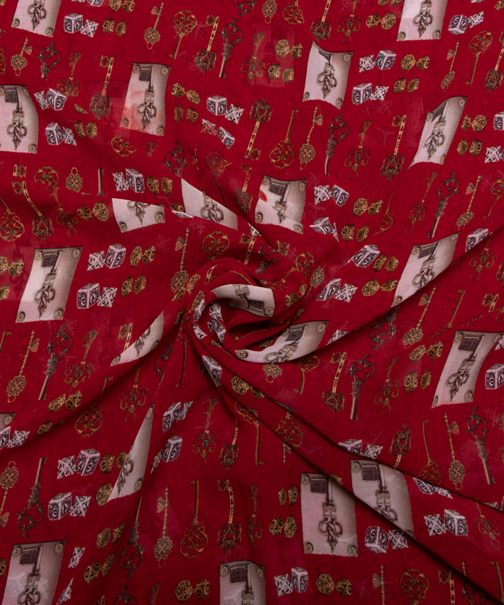 Maroon Colour Object Print Georgette Fabric