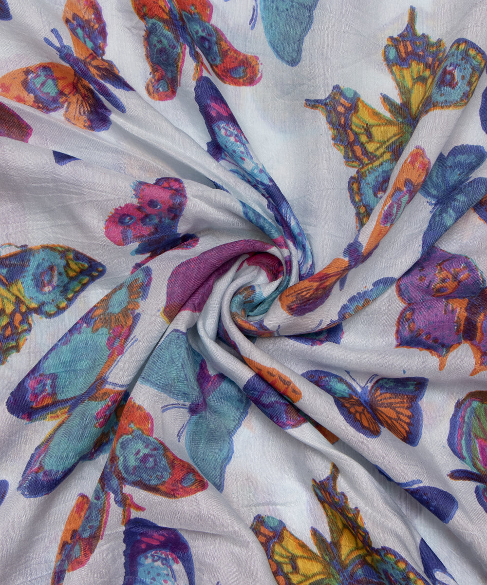 Multi Colour Butterfly Digital Printed Pure Muslin Fabric