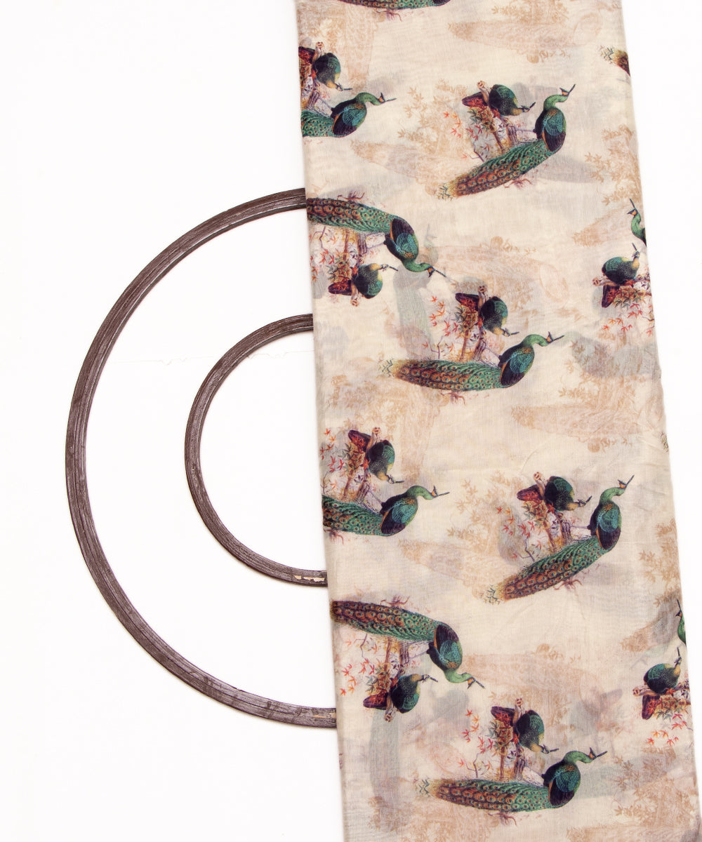 Off White Colour Peacock Digital Printed Pure Muslin Fabric