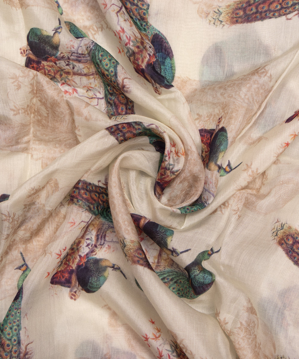 Off White Colour Peacock Digital Printed Pure Muslin Fabric