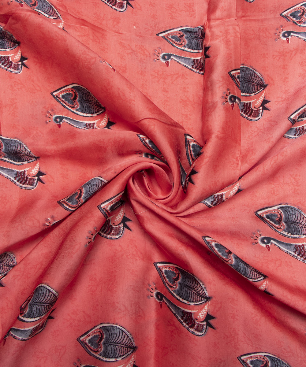 Light Coral Colour Bird Print Bamberg Satin Fabric