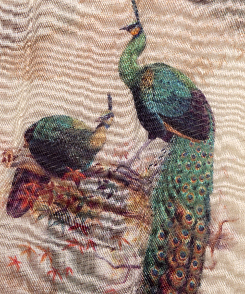 Off White Colour Peacock Digital Printed Pure Muslin Fabric