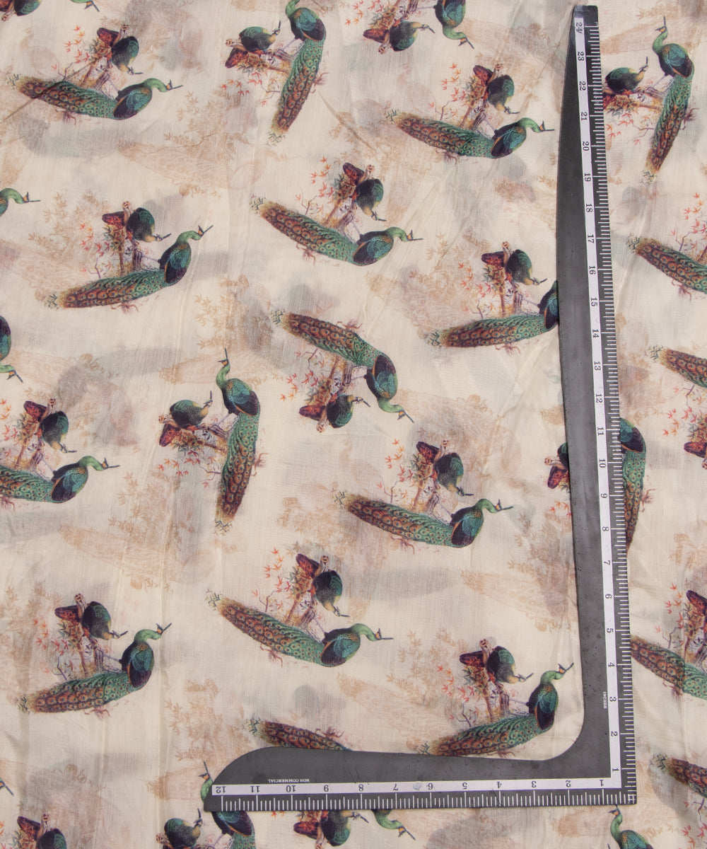 Off White Colour Peacock Digital Printed Pure Muslin Fabric