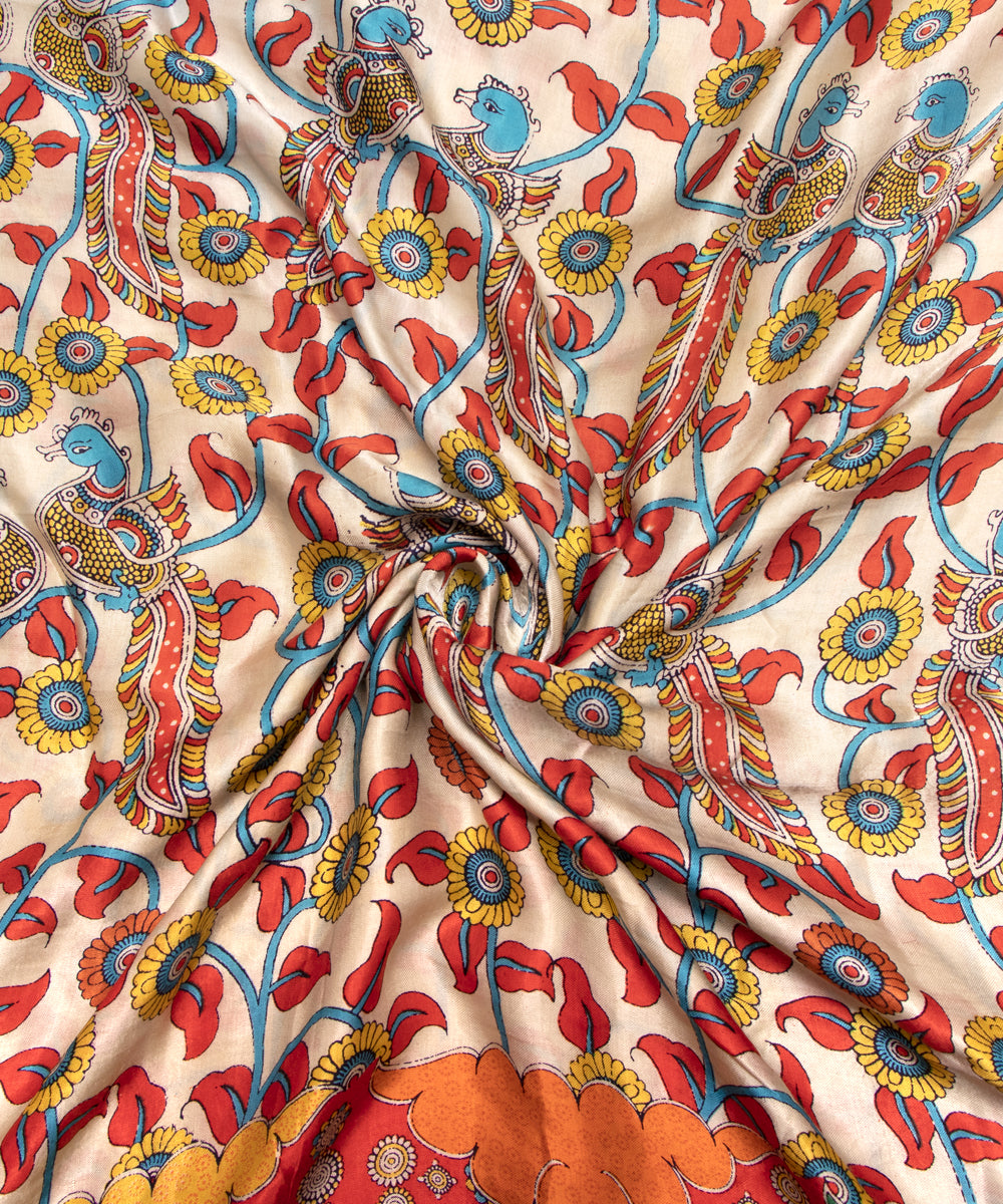 Off White Colour Traditional Print Bamberg Satin Fabric