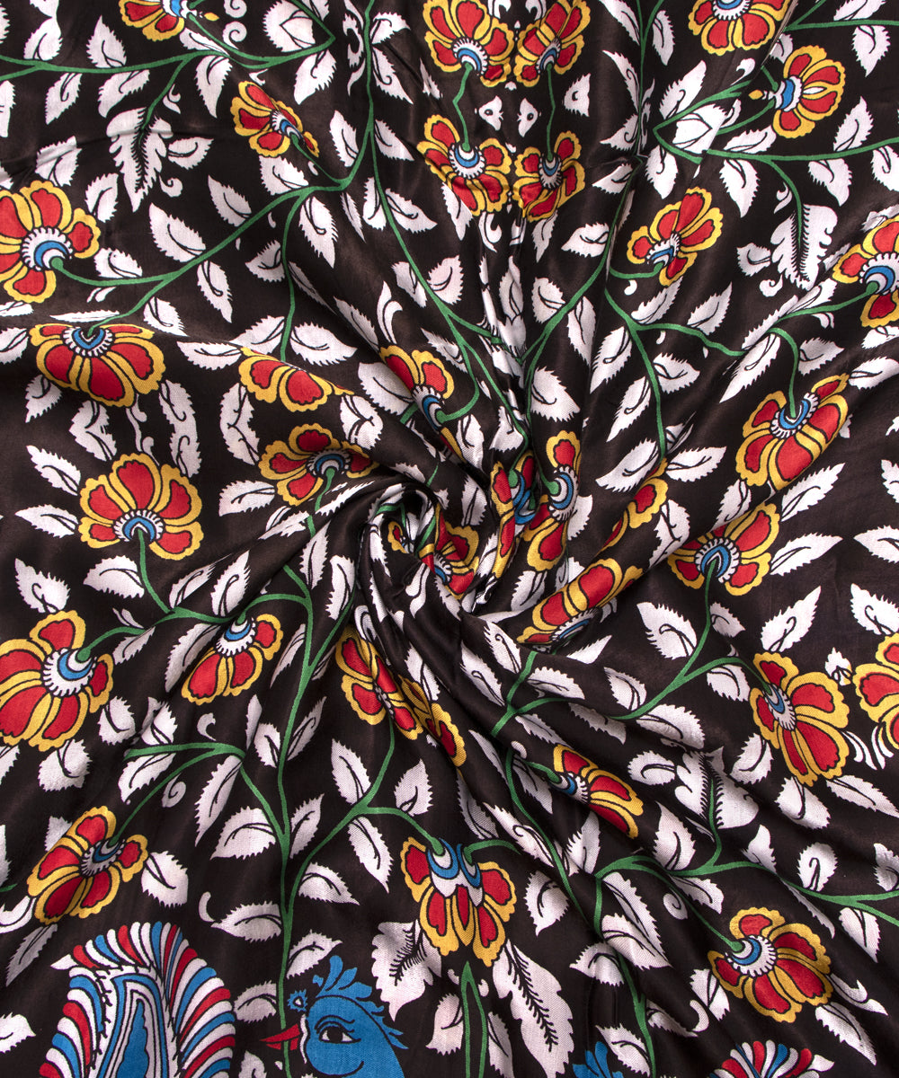 Black Colour Traditional Print Bamberg Satin Fabric