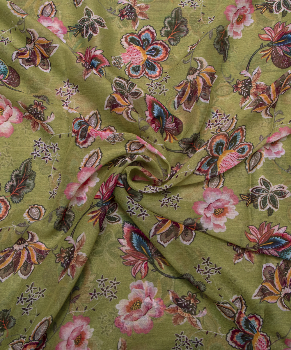 Light Olive Green Colour Floral Digital Print Chiffon Fabric