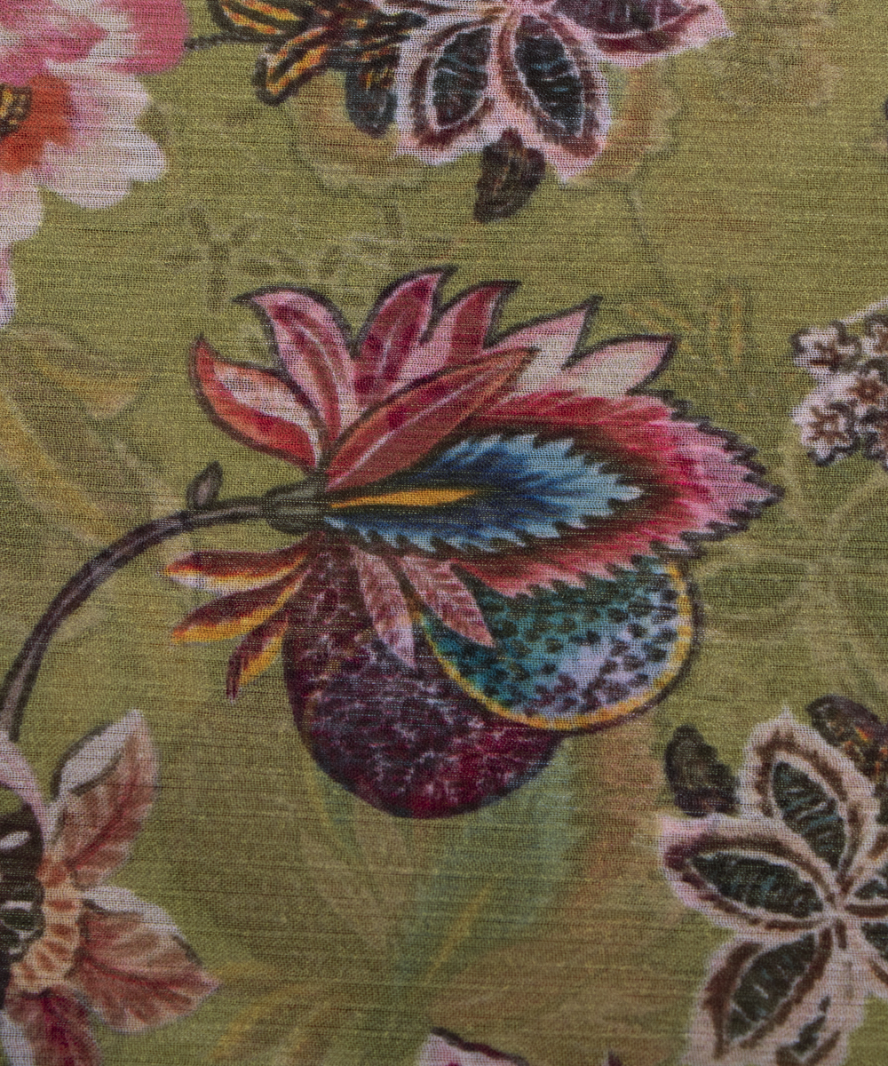 Light Olive Green Colour Floral Digital Print Chiffon Fabric