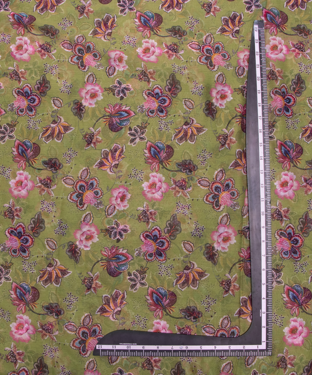 Light Olive Green Colour Floral Digital Print Chiffon Fabric