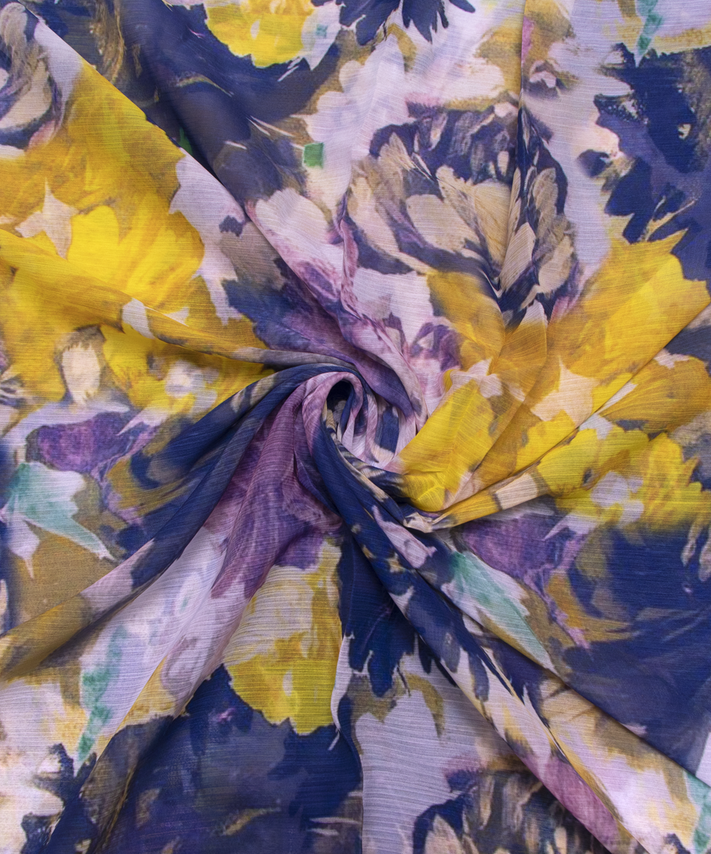 Blue Colour Floral Digital Print Chiffon Fabric