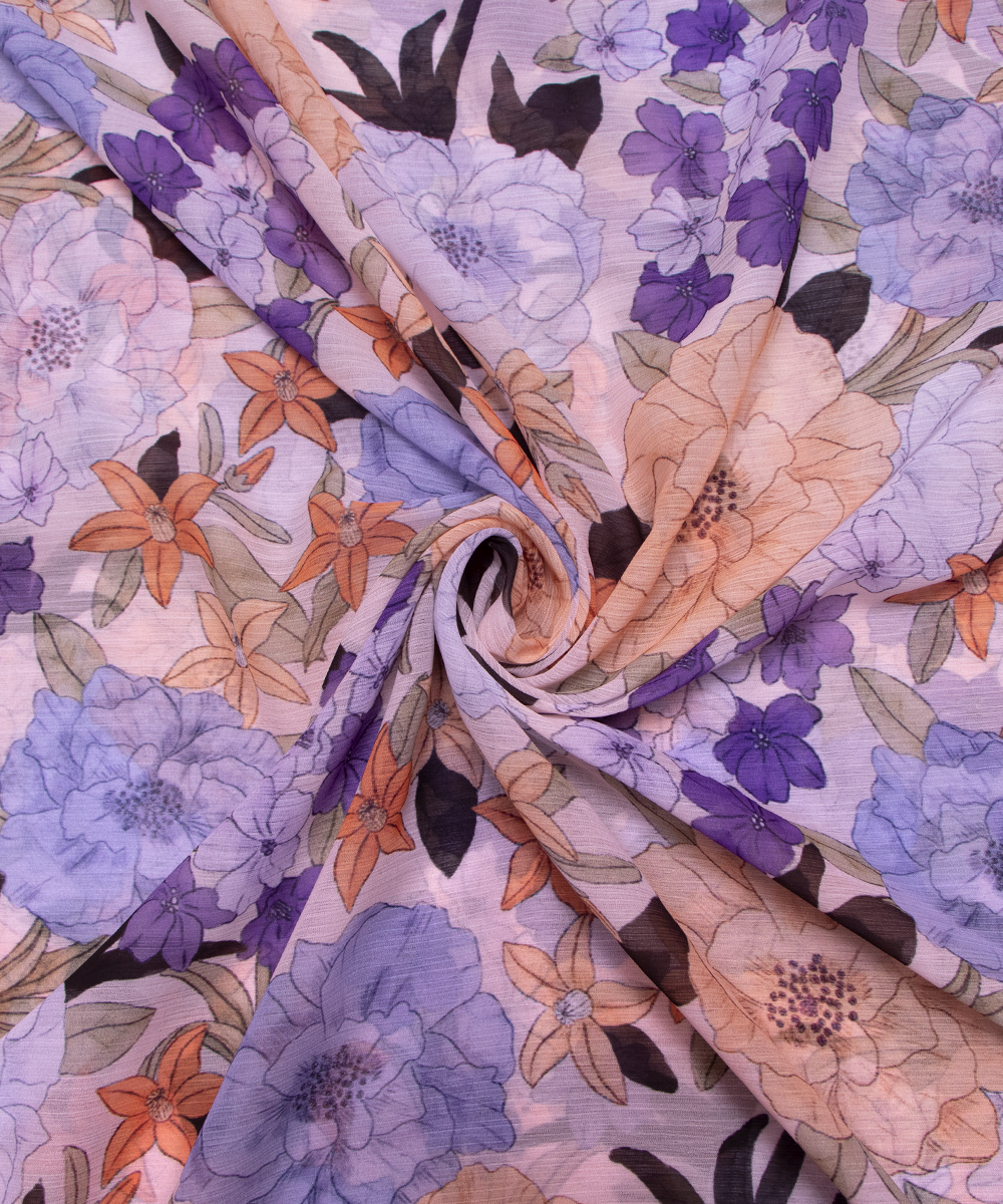 White Colour Floral Digital Print Chiffon Fabric