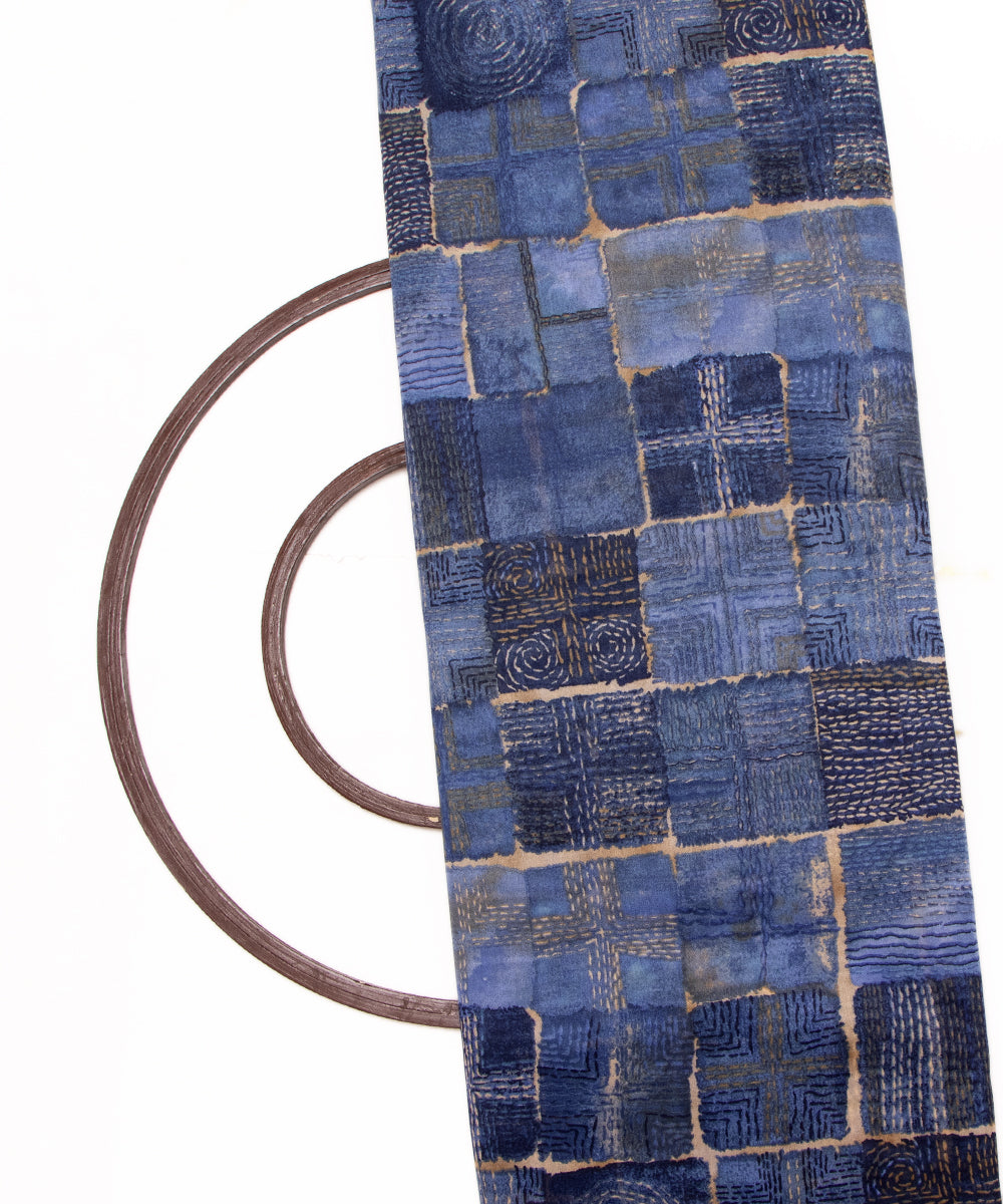 Light Denim Blue Colour Checks Print Modal Chanderi Fabric