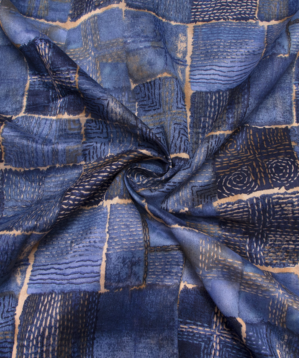 Light Denim Blue Colour Checks Print Modal Chanderi Fabric
