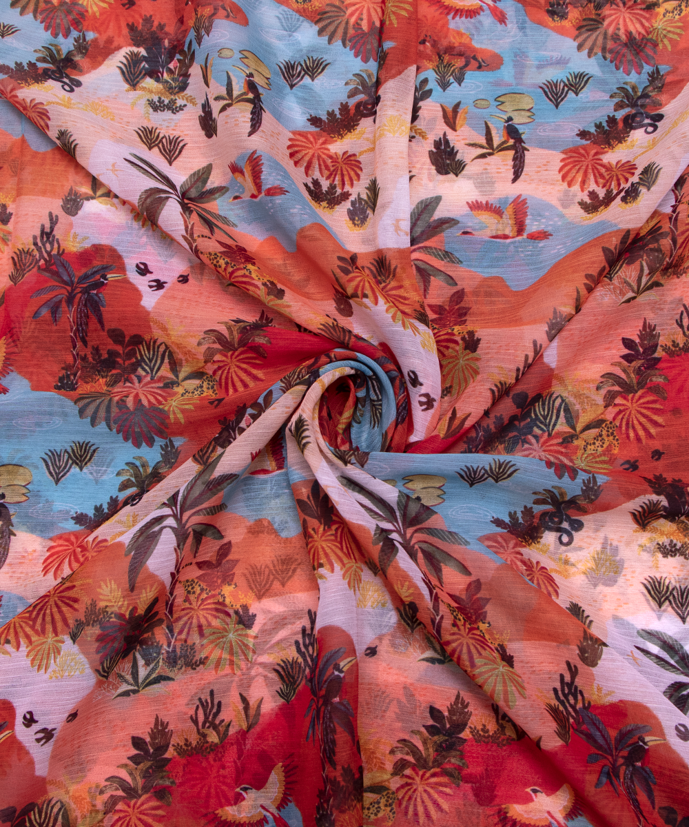 Multi Colour Bird Digital Print Chiffon Fabric