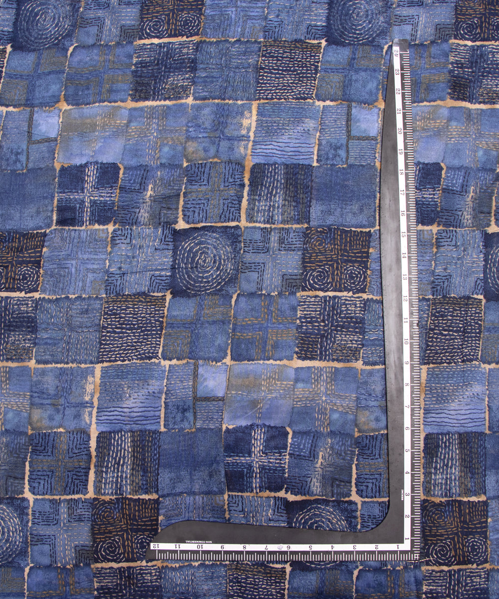 Light Denim Blue Colour Checks Print Modal Chanderi Fabric