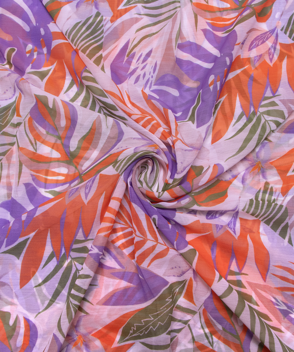 White Colour Leaf Digital Print Chiffon Fabric