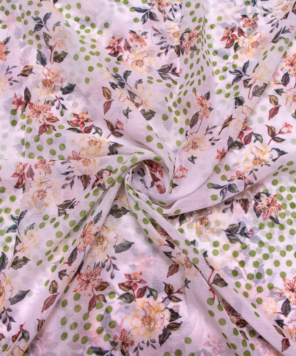 White Colour Floral Digital Print Chiffon Fabric